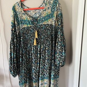 One World blue and yellow patterned smocked dress, size xxl